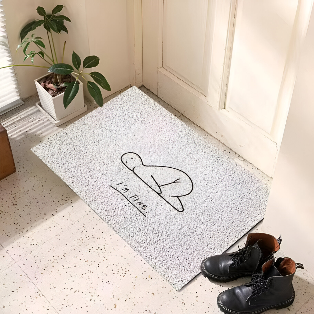 Doormat with a turtle design and 'I'm Fine' text on a light-colored floor.