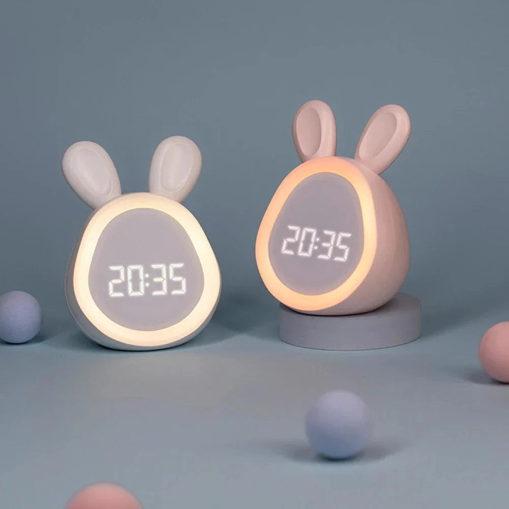 Children's Alarm Clock with LED Night Light – Cute Bunny Design in White and Pink, Energy Saving and Voice Control 1