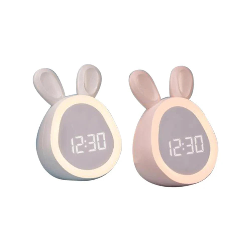 Children's Alarm Clock with LED Night Light – Cute Bunny Design in White and Pink, Energy Saving and Voice Control 3