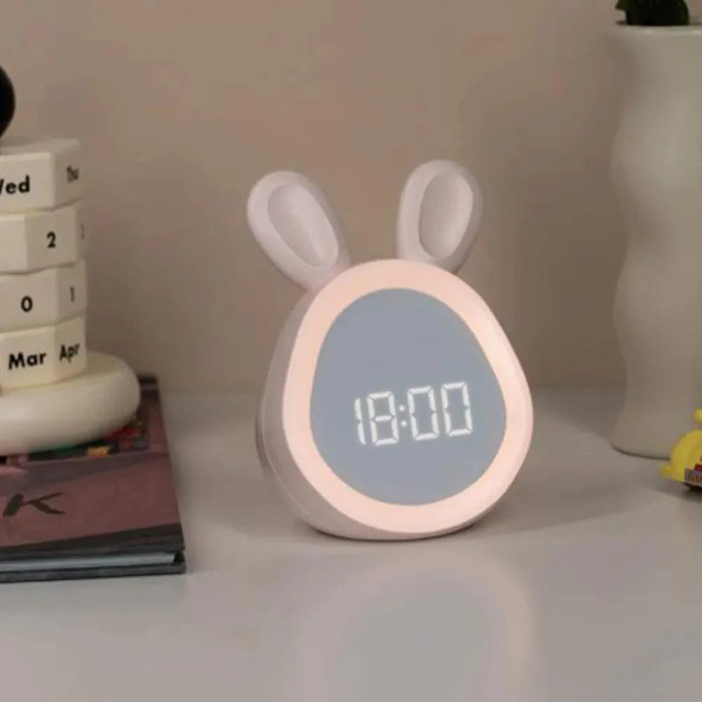 Children's Alarm Clock with LED Night Light – Cute Bunny Design in White and Pink, Energy Saving and Voice Control 5