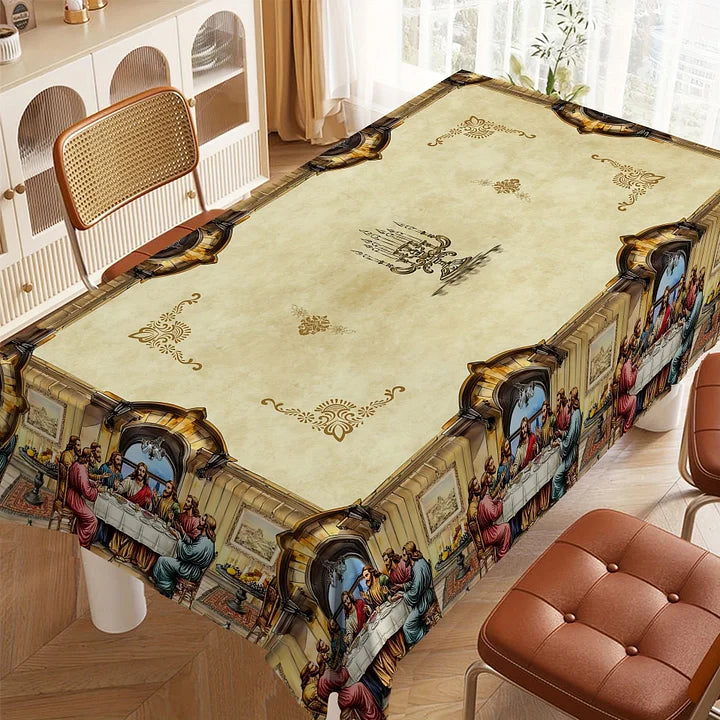 Decorative tablecloth with classical scene design on a table