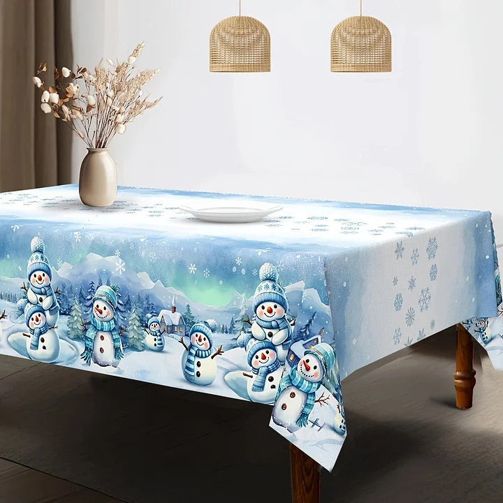 Tablecloth with snowman design on a table