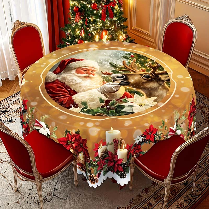 Christmas Tablecloth with Santa and Snowman Motifs – Durable Round Table Cover for Holiday Decor, 152 cm 0