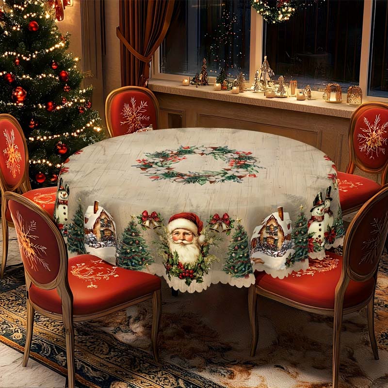 Christmas Tablecloth with Santa and Snowman Motifs – Durable Round Table Cover for Holiday Decor, 152 cm 2