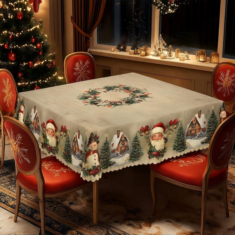 Christmas Tablecloth with Santa and Snowman Motifs – Durable Round Table Cover for Holiday Decor, 152 cm 3
