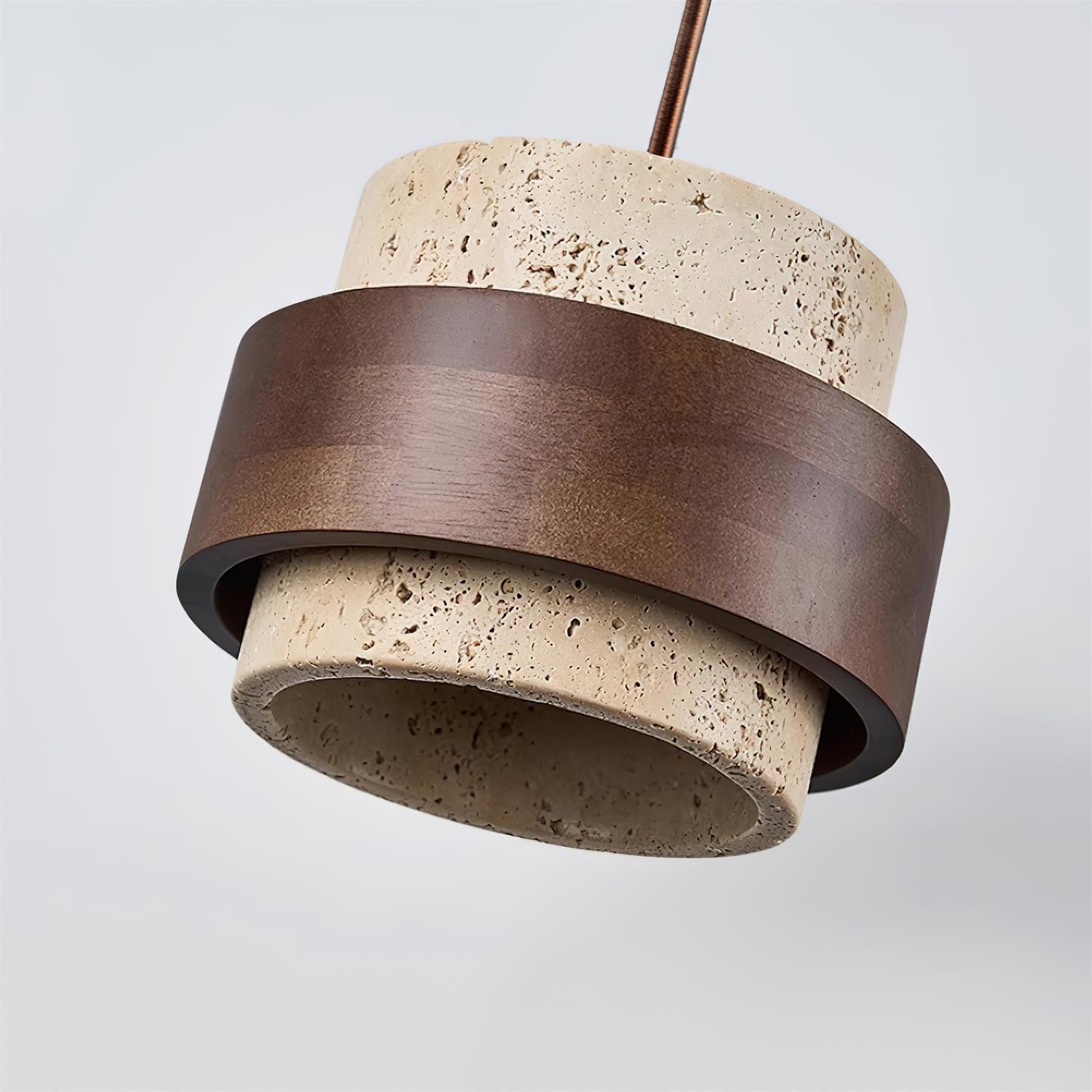Pendant light with brown metallic band and beige concrete design on a white background