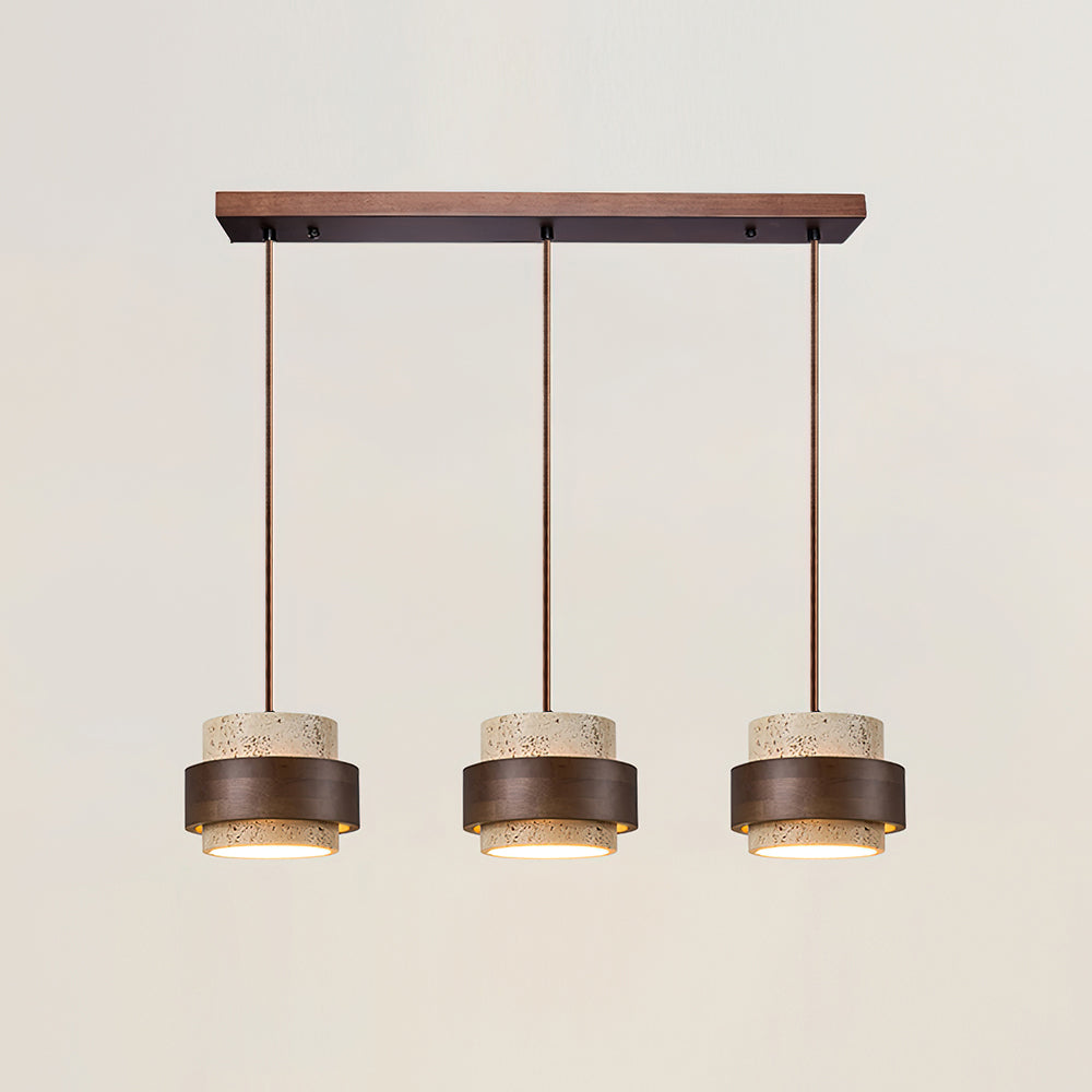 Three pendant lights with wooden and concrete design on a plain background