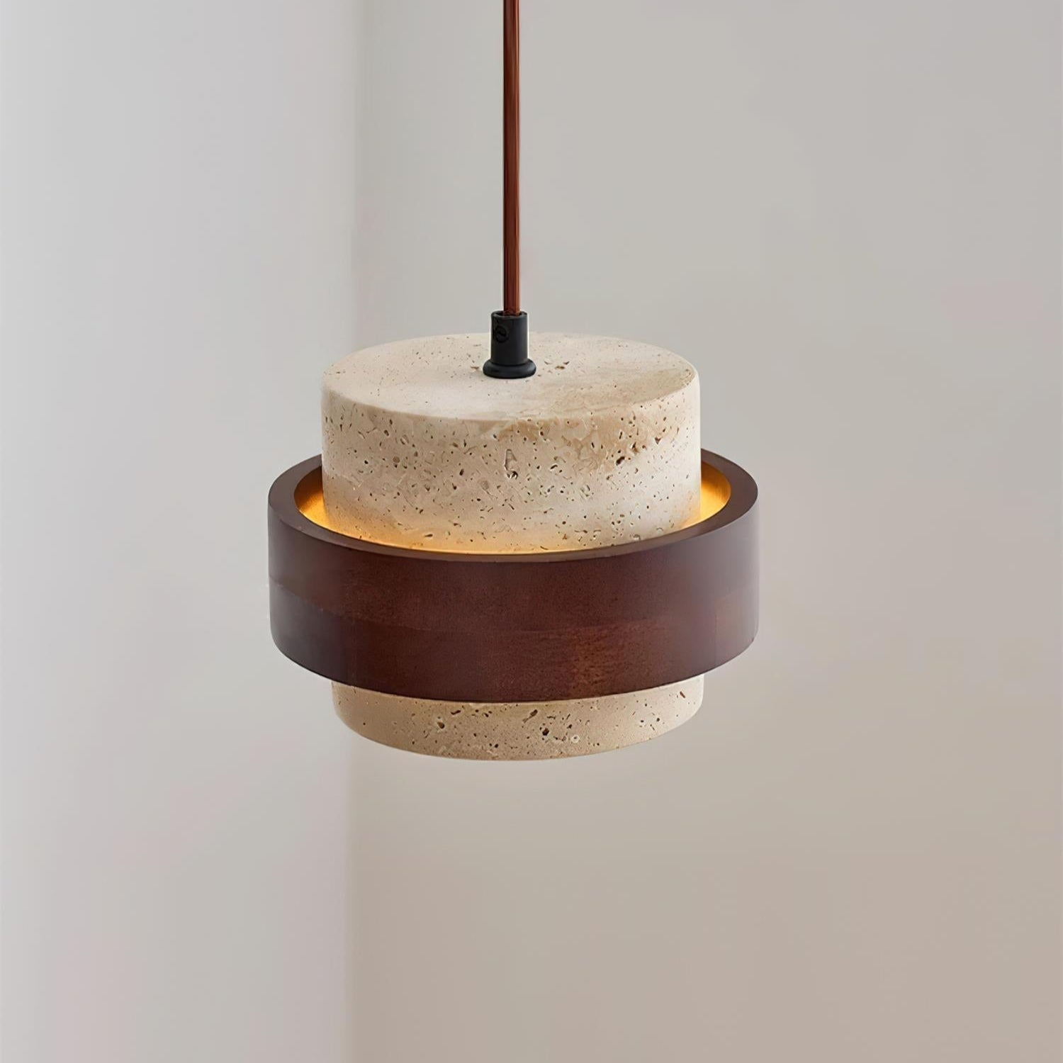 Pendant light with wooden and concrete design on a plain background