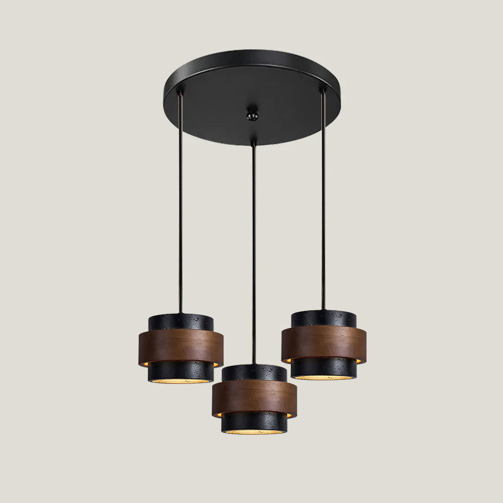 Modern pendant light with four wooden lampshades on a neutral background