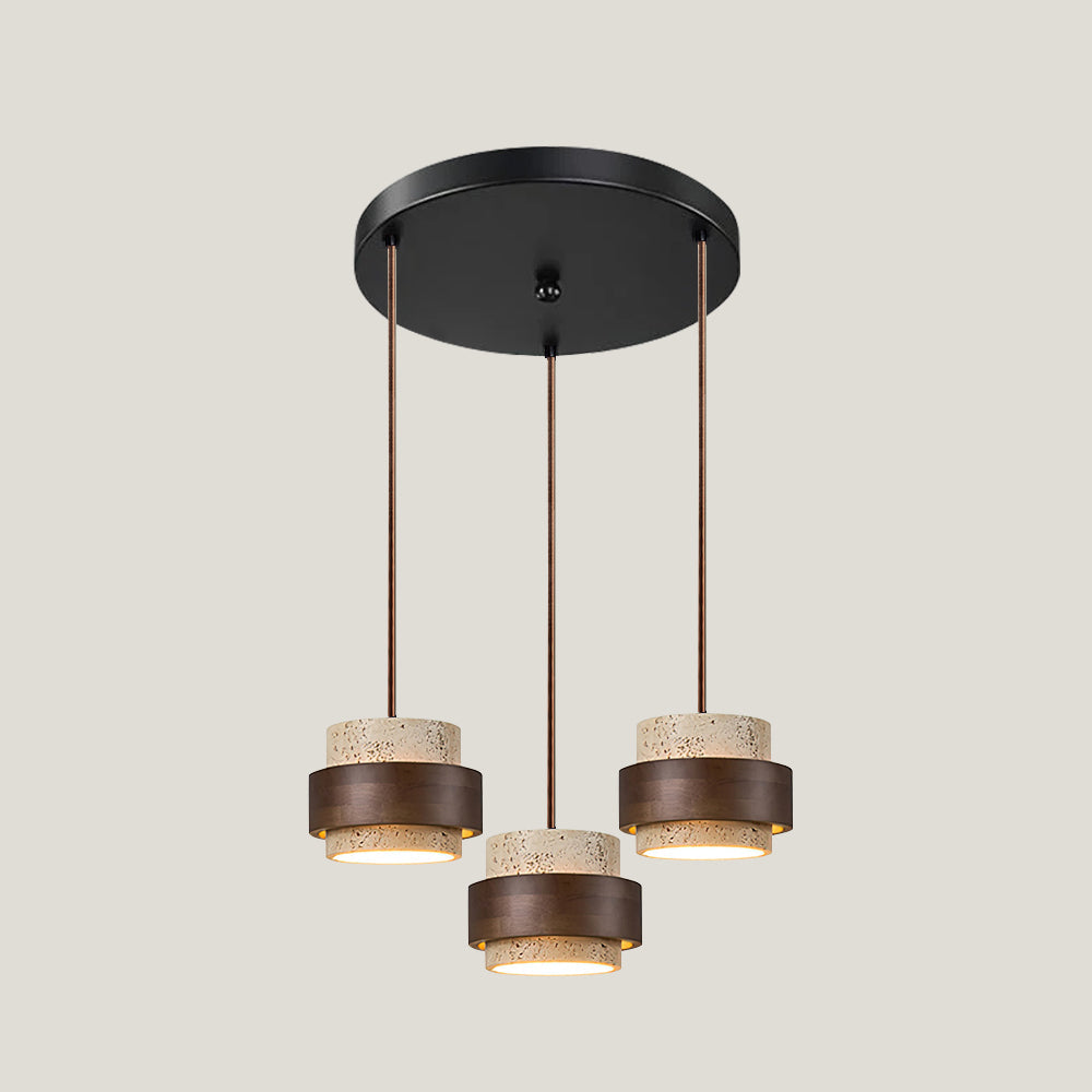 Modern pendant light with three cylindrical lamps on a neutral background