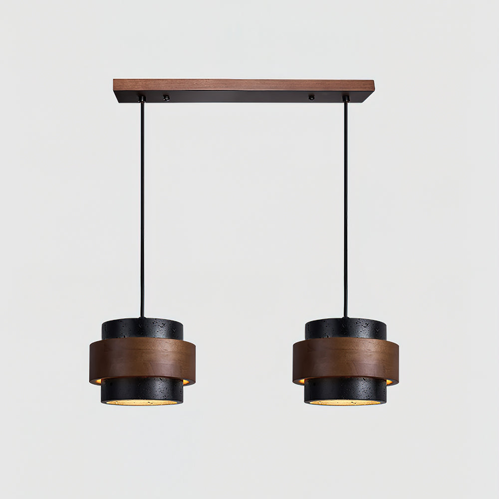 Two pendant lights with wooden accents on a white background