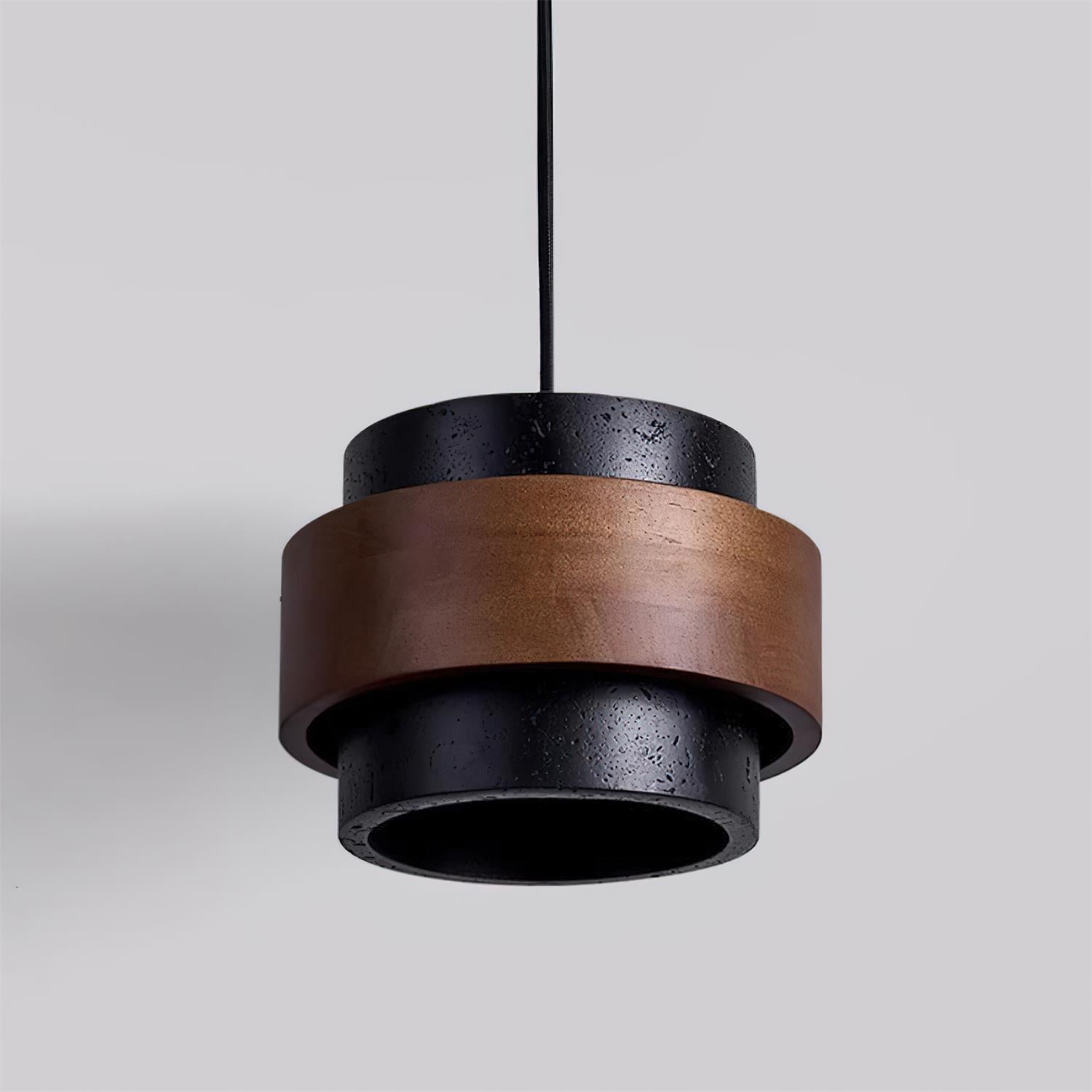 Modern pendant light with wooden and black design on a neutral background
