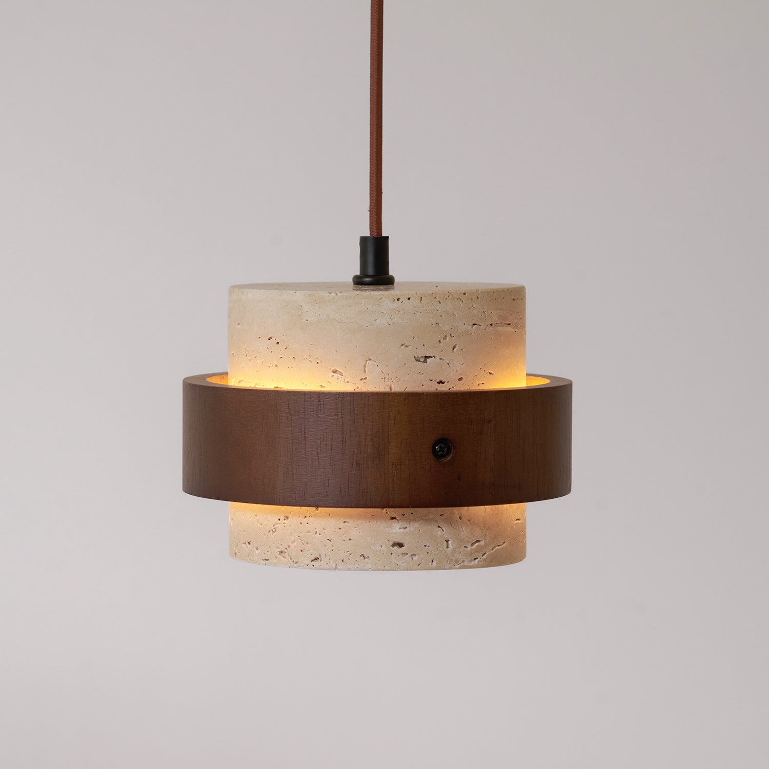 Pendant light with wooden and stone design on a gray background