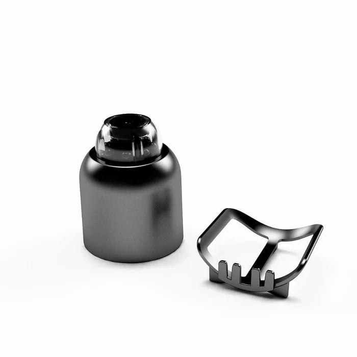 Black camera object with a metallic clip on a white background