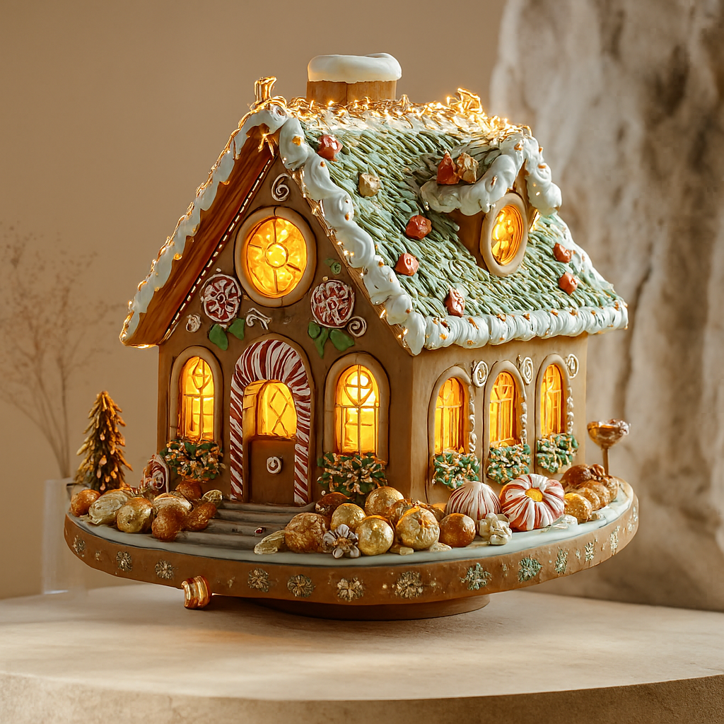 Decorative gingerbread house with lights on a wooden surface
