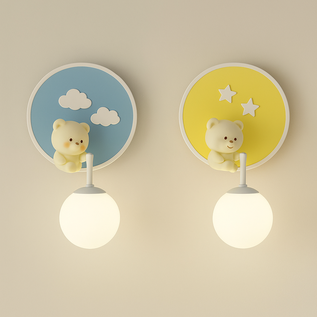 Two children's wall lights with teddy bear and cloud designs on a beige background