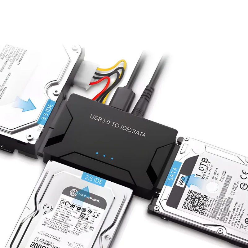 USB 3.0 to IDE/SATA adapter with hard drives on a white background