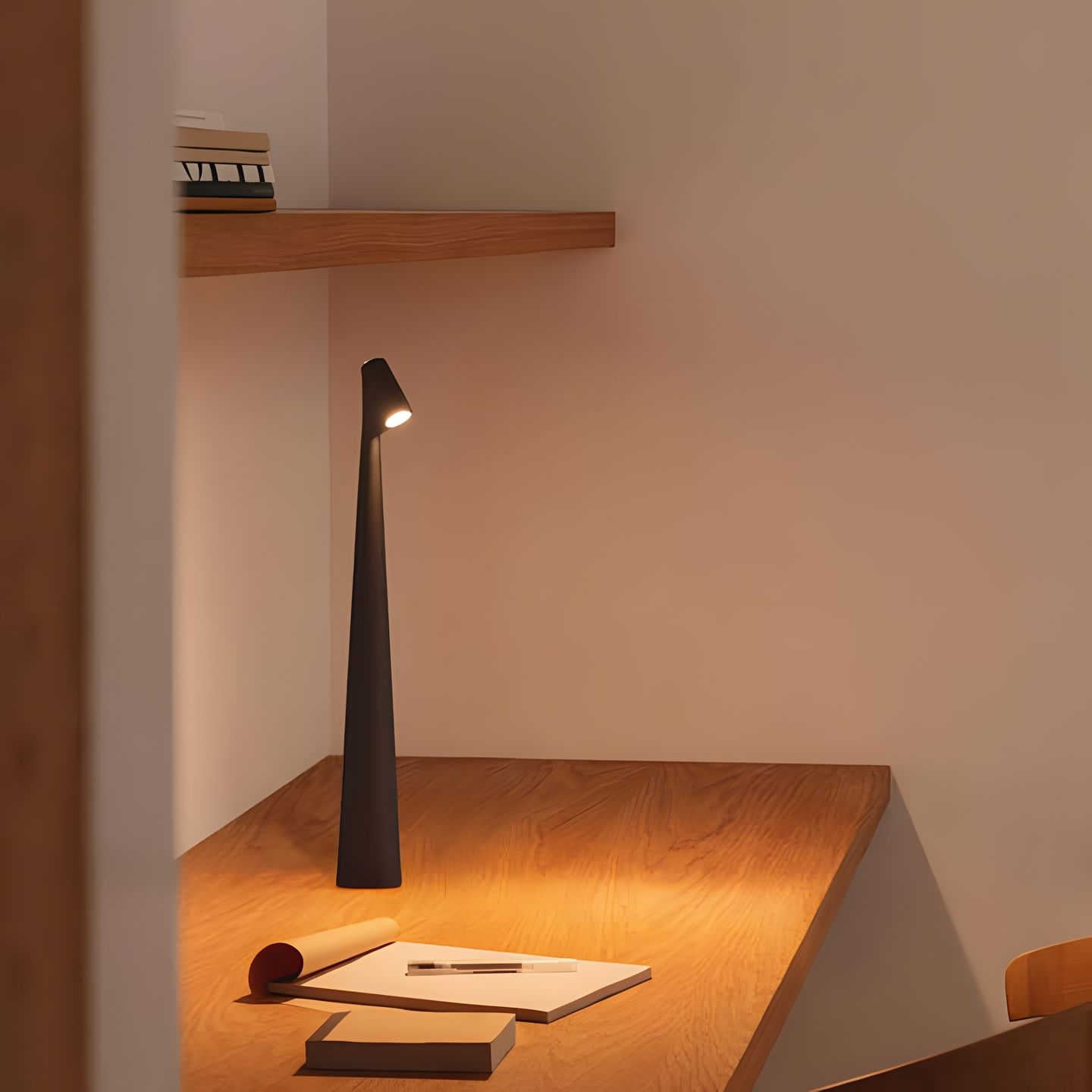 Modern black desk lamp on a wooden surface with a minimal background
