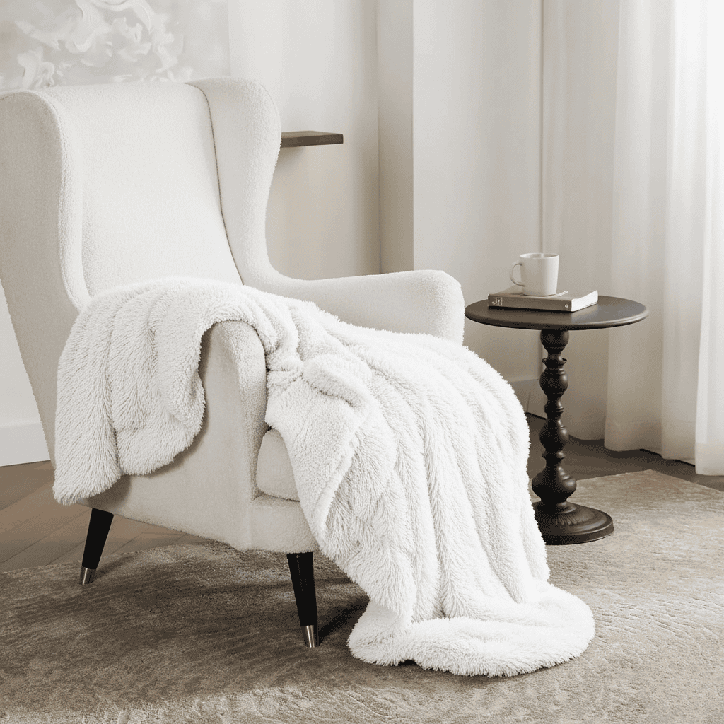 White plush blanket draped over a white armchair in a room with a side table and curtains.