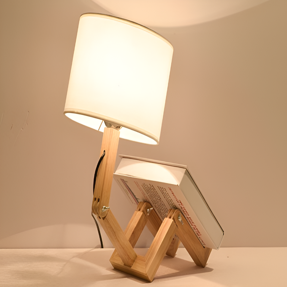 Creative Wooden Robot Desk Lamp with Adjustable Brightness and Integrated Book Holder - Small Table Lamp for Bedside or Study 4