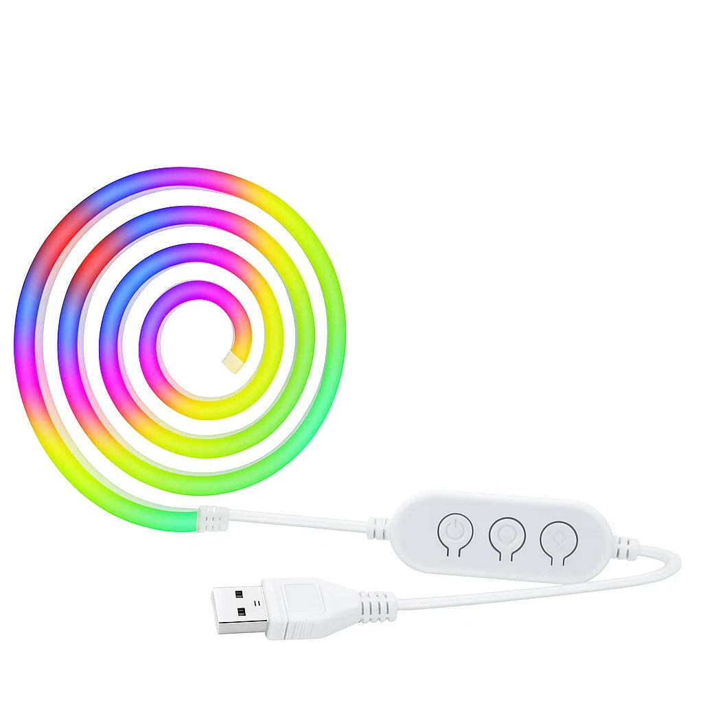 Colorful spiral LED strip with control device on a white background