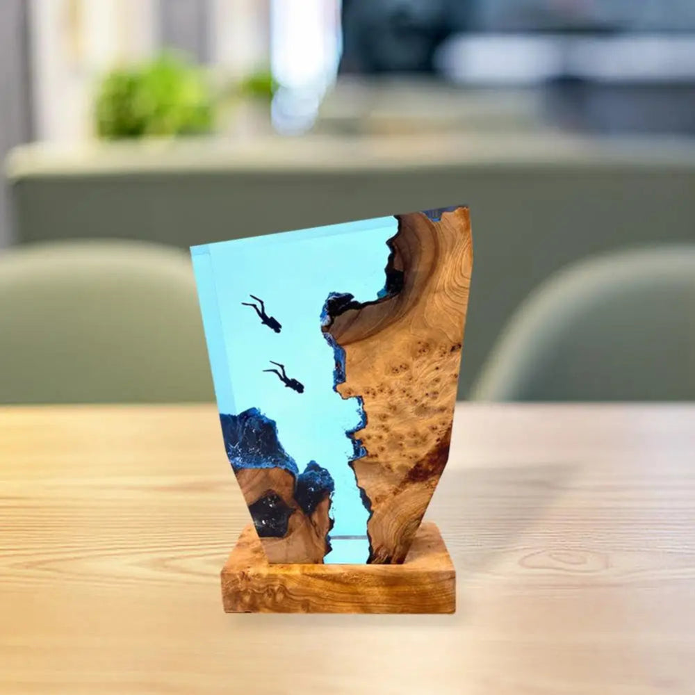 Deep Sea Diver Table Lamp – Artistic Resin and Wood Design for Bedroom or Living Room, USB Powered Ambient Lighting 0