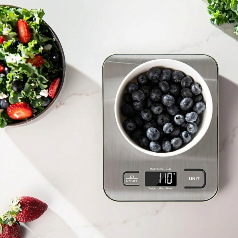 Digital kitchen scale with a bowl of blueberries on a white surface with a salad and strawberries.