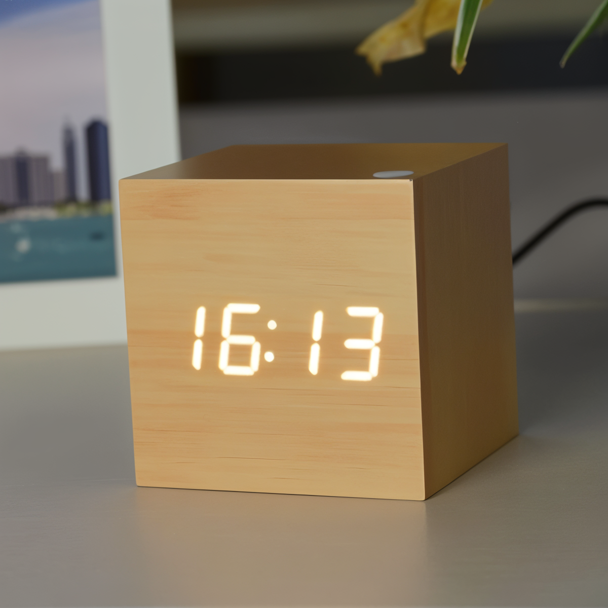 Digital LED Alarm Clock – Stylish Wooden Cube Design with Easy Settings and Clear Sound 1