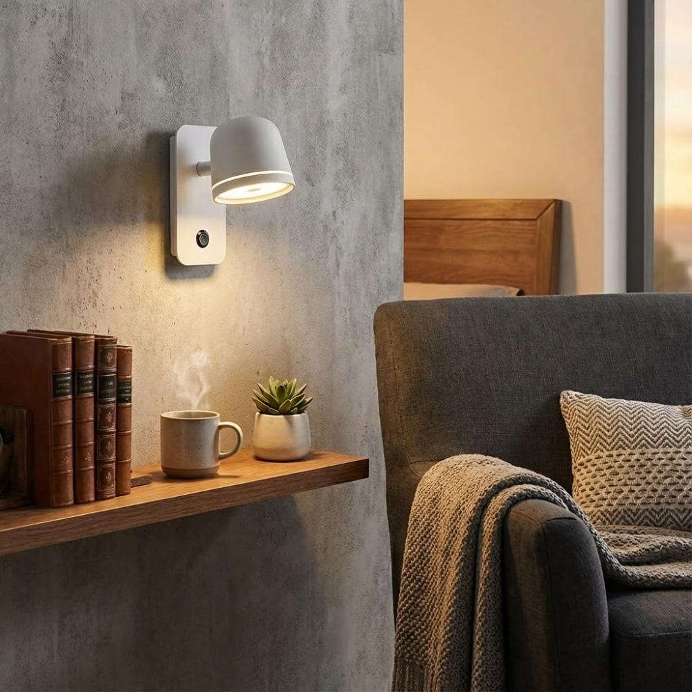 Cozy living room corner with a wall lamp, books, mug, and plant.