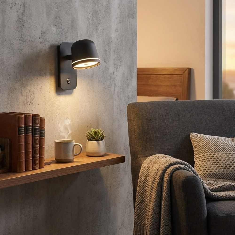 Cozy living room corner with a wall lamp, books, mug, and plant.