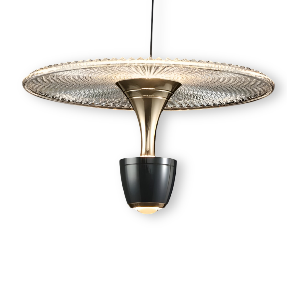 Modern pendant light with gold and black design on a white background