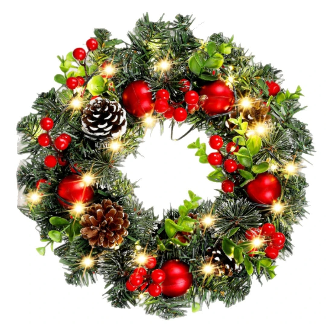 Elegant Christmas Wreath with LED Lighting and Red Berries – Christmas Door Wreath for Front Door and Outdoor Decoration 1