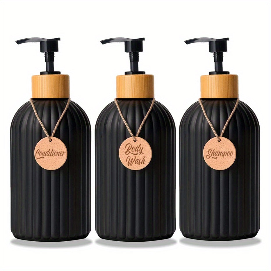 Elegant Refillable Shampoo Bottle Set – 3-Piece Black and White Collection with User-Friendly Pump Dispensers 0