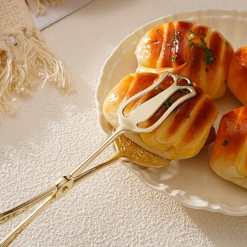 Elegant Stainless Steel Salad Server with Vintage Engravings and Scissor Tongs – Perfect for Cakes and Special Occasions 1