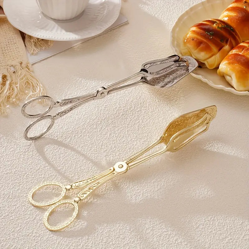 Elegant Stainless Steel Salad Server with Vintage Engravings and Scissor Tongs – Perfect for Cakes and Special Occasions 3