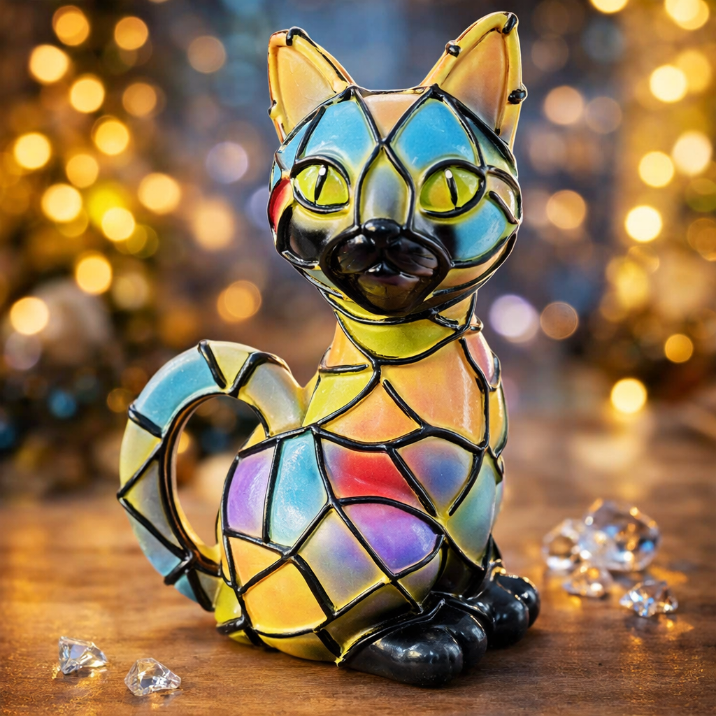 Colorful stained glass cat figurine on a wooden surface with blurred lights in the background