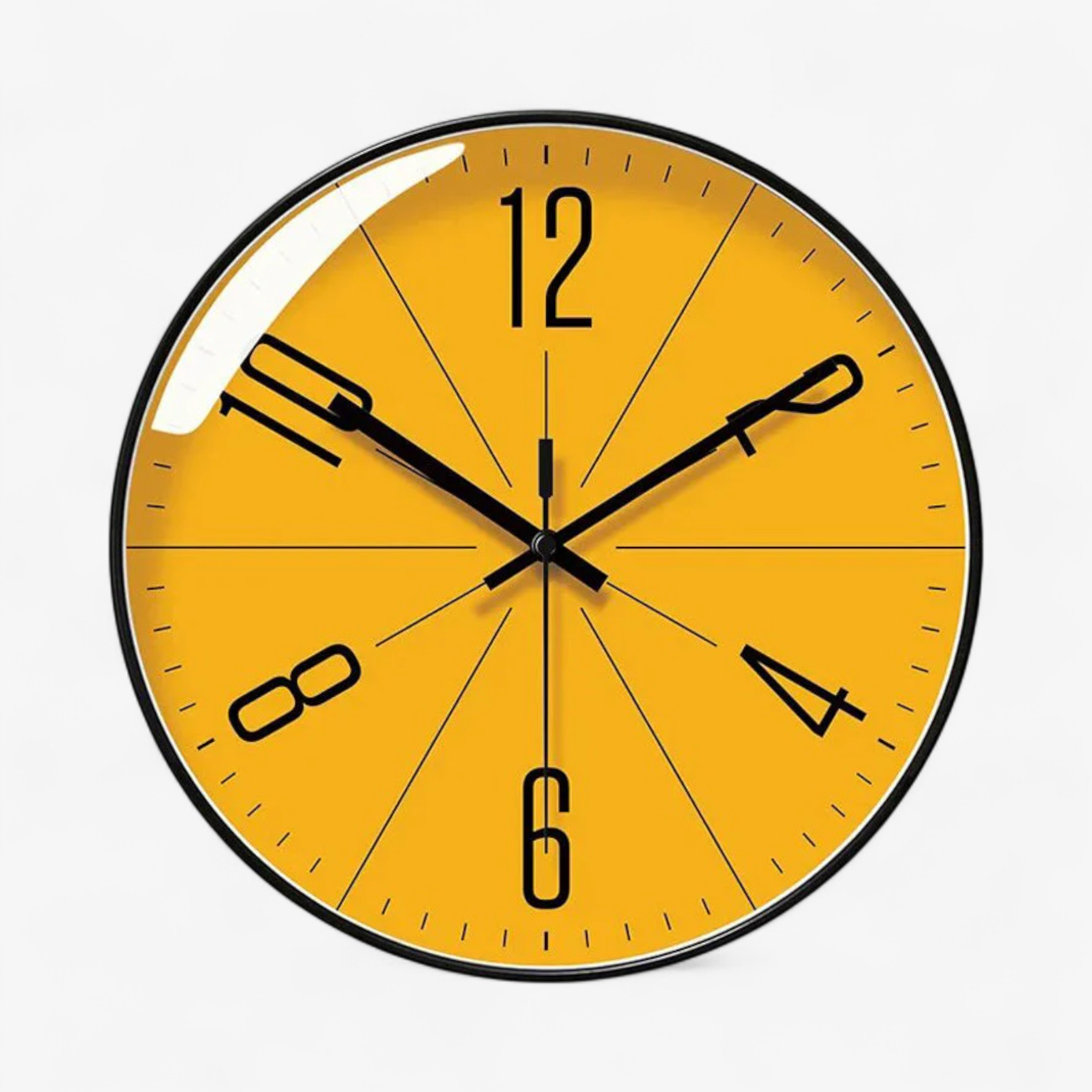 Yellow wall clock with black hands and numbers on a white background