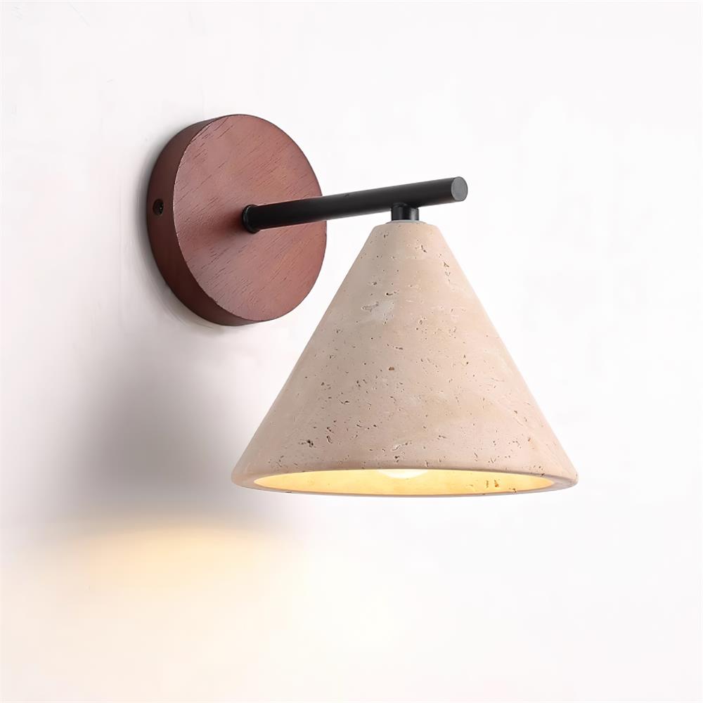 Wall-mounted lamp with wooden base and beige conical shade on a white background