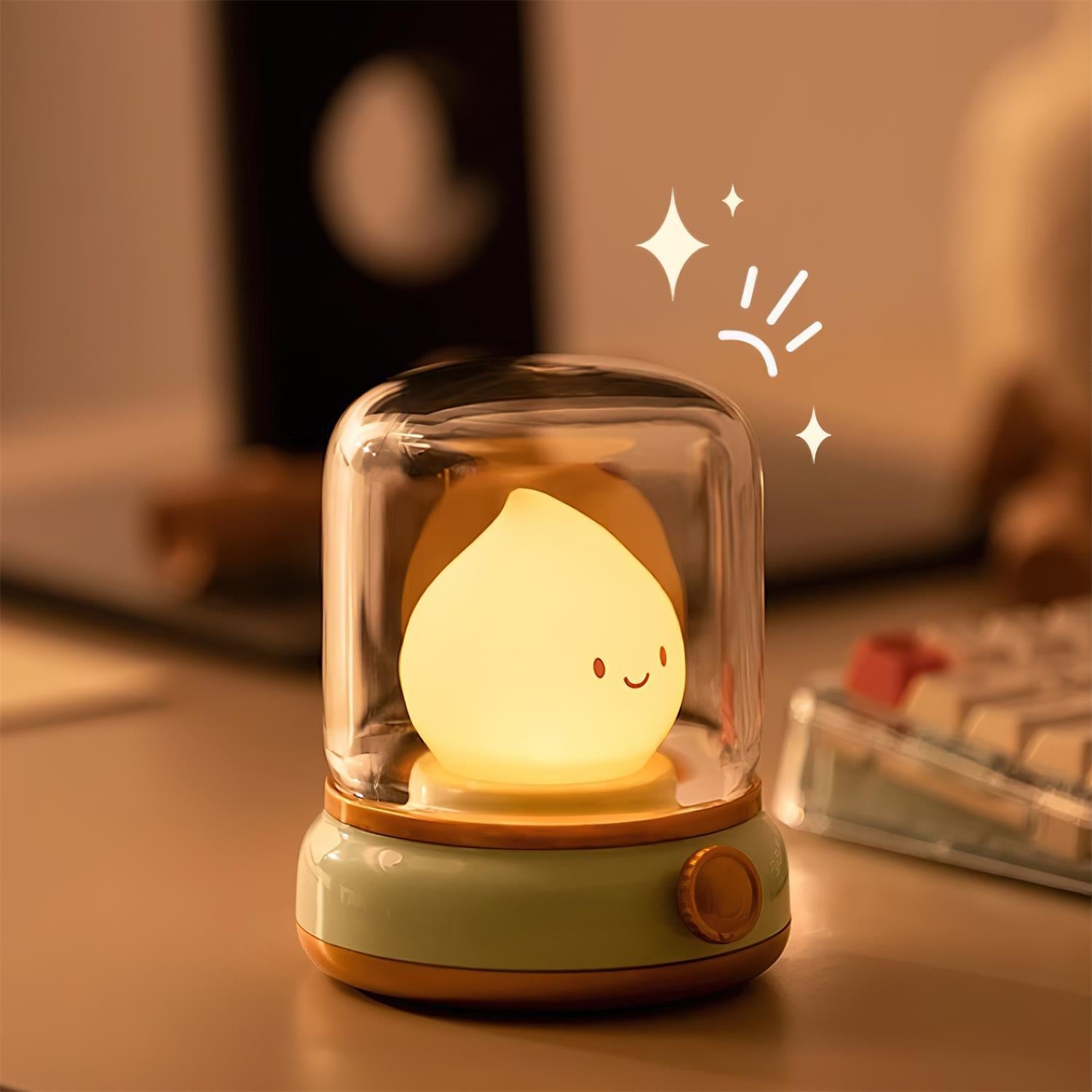 Cute night light with a smiling face on a desk