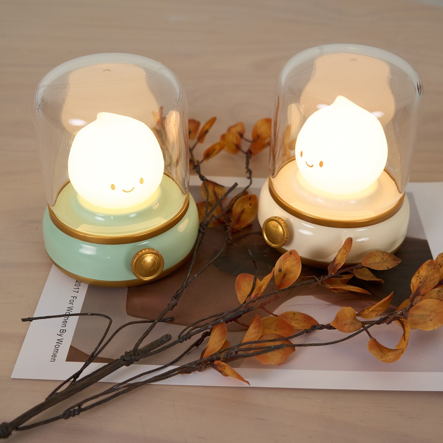 Two cute lamp-shaped night lights with smiling faces on a wooden surface with leaves.