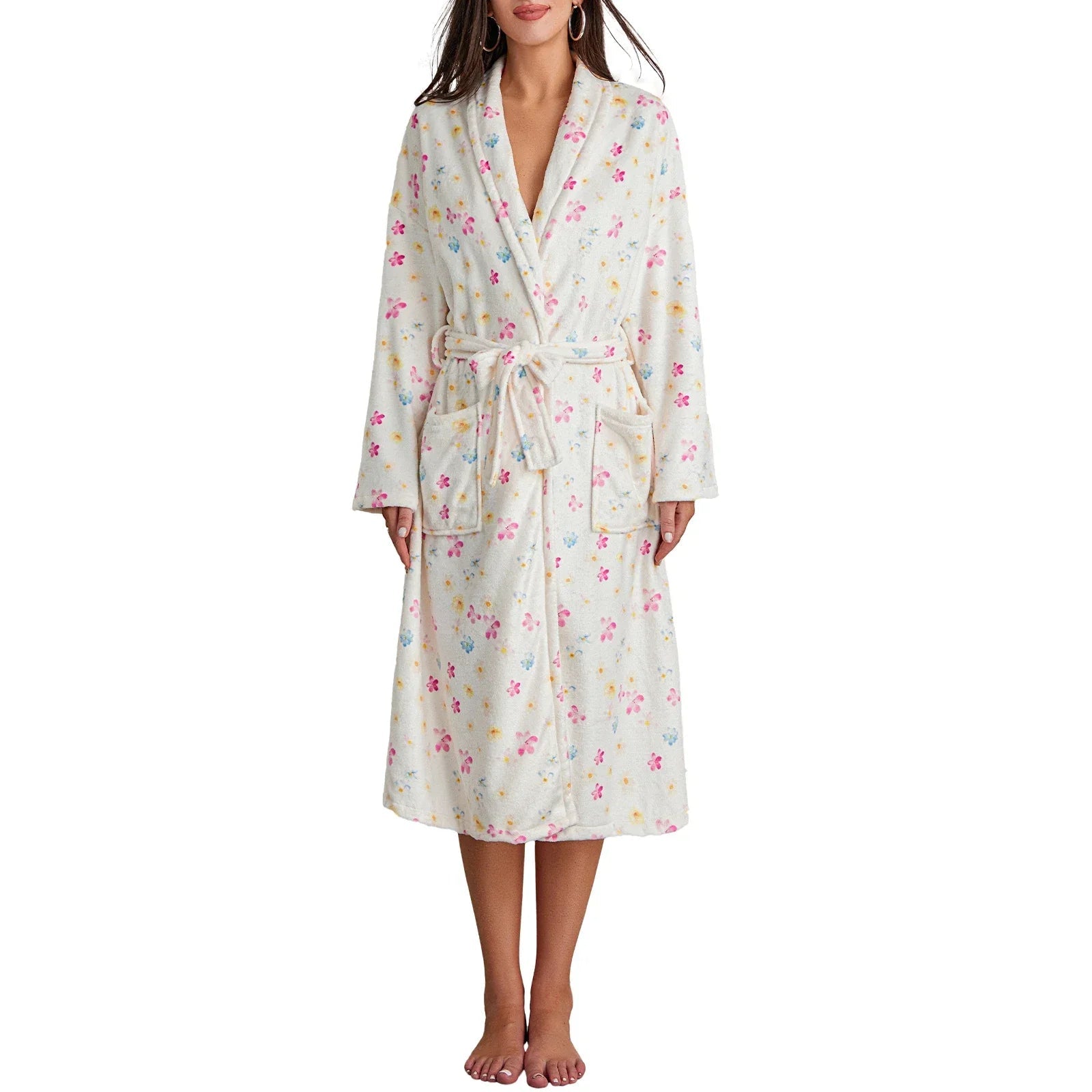 Floral Print Women's Dressing Gown – Soft Flannel Bathrobe with Shawl Collar and Adjustable Belt for Cozy Comfort 10
