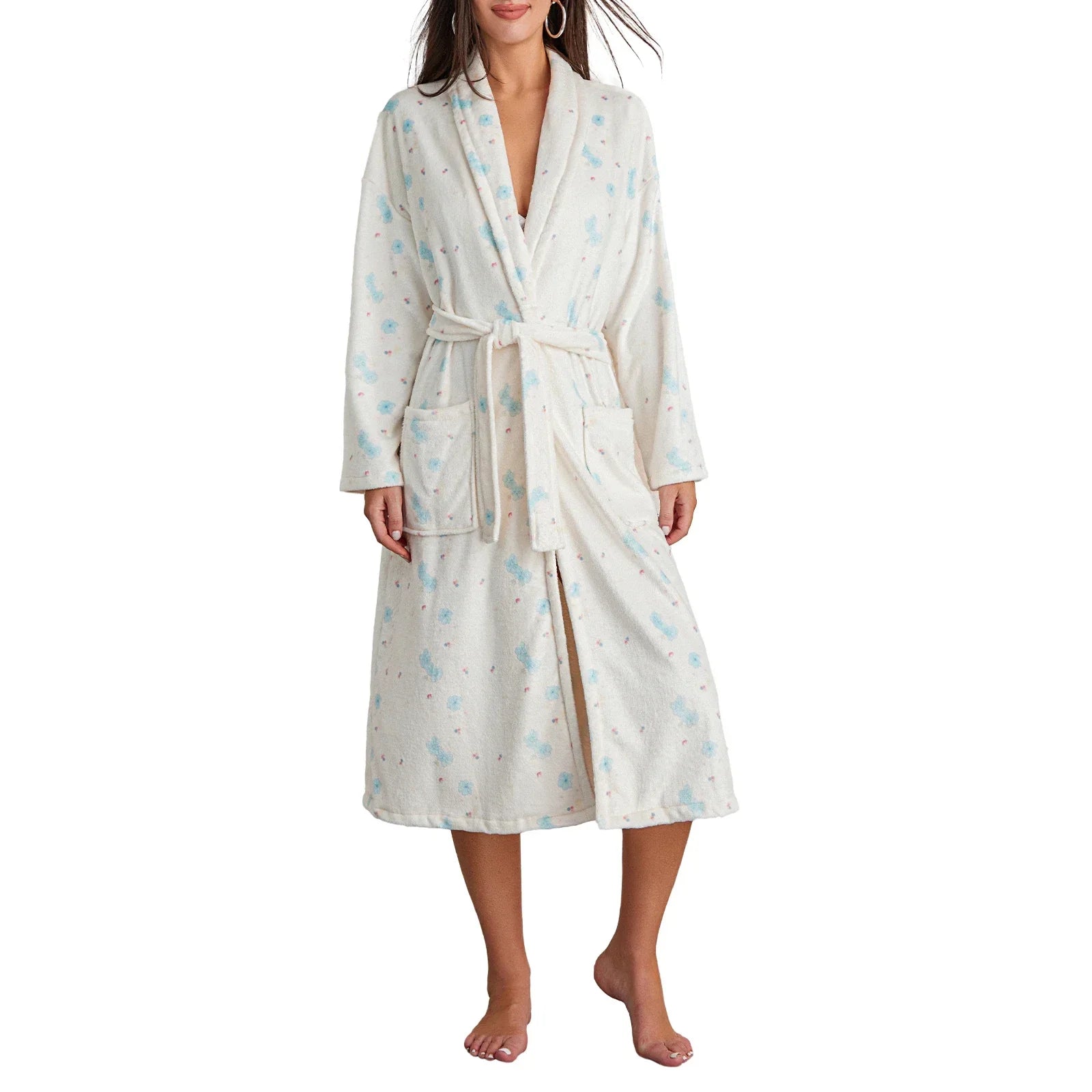 Floral Print Women's Dressing Gown – Soft Flannel Bathrobe with Shawl Collar and Adjustable Belt for Cozy Comfort 8
