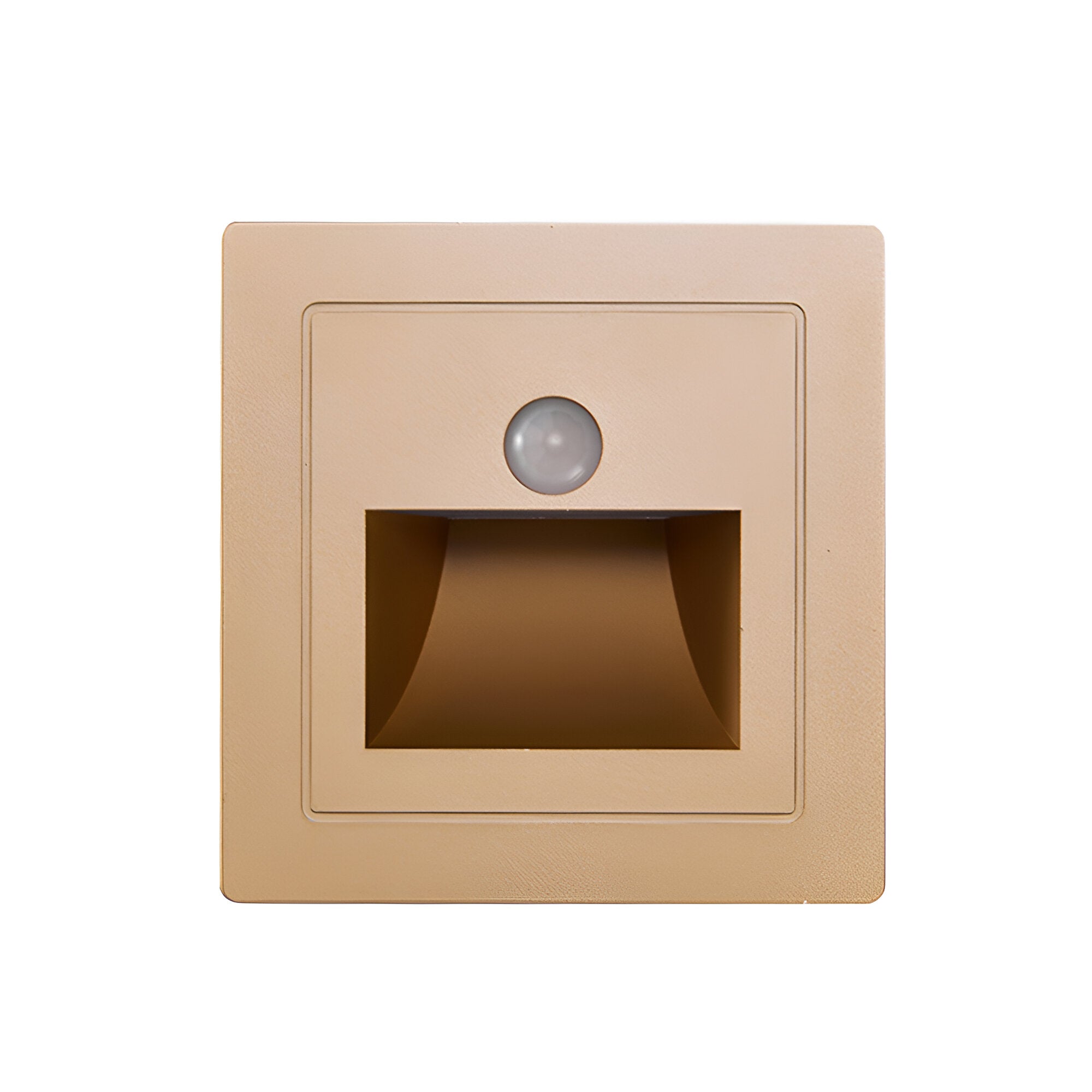 Beige square light fixture with a motion sensor on a white background