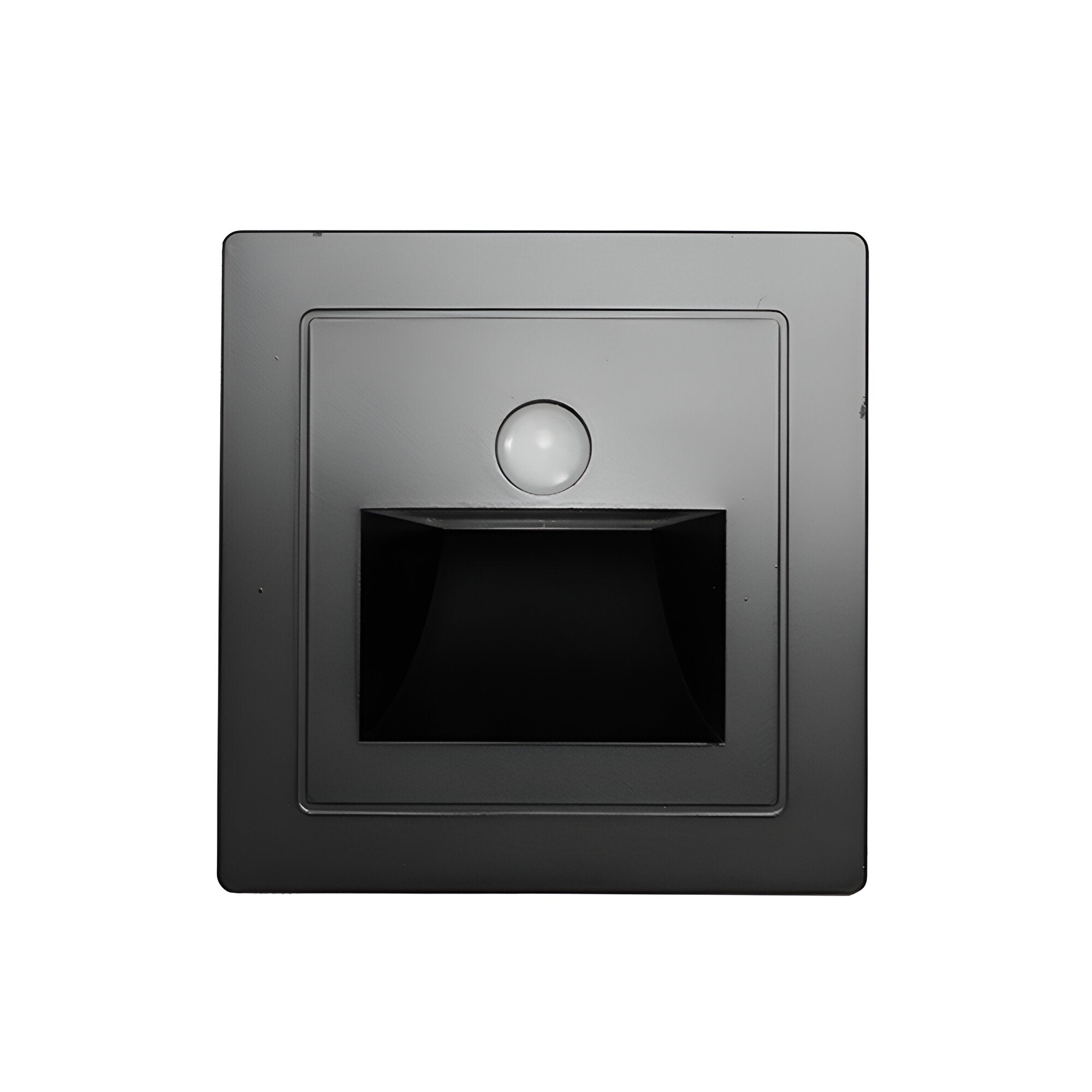 Black square light fixture with a motion sensor on a white background