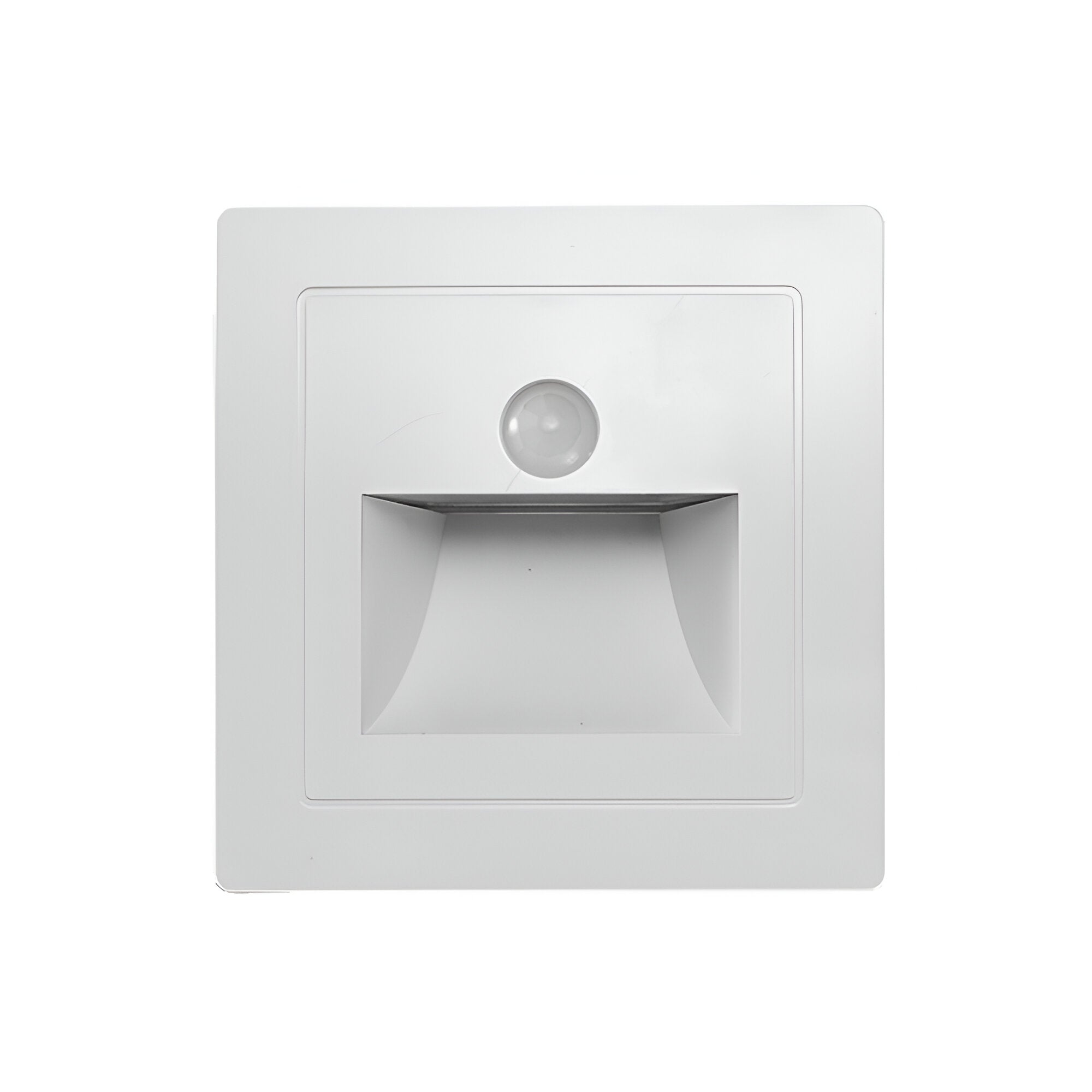 White square light fixture with motion sensor on a white background