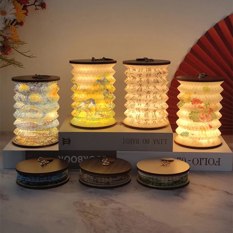 Set of decorative lamps with colorful lighting on a marble surface.