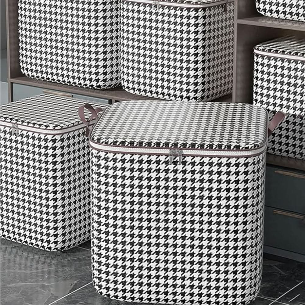Foldable Zippered Storage Box in Houndstooth Pattern – Durable Storage Container for Clothes, Toys, and Blankets 0