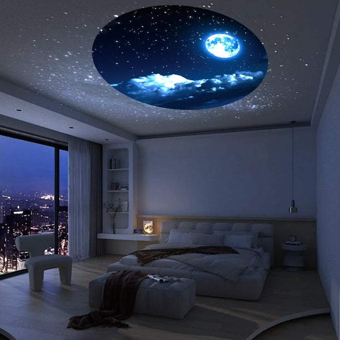 Modern bedroom with a starry night sky design on the ceiling