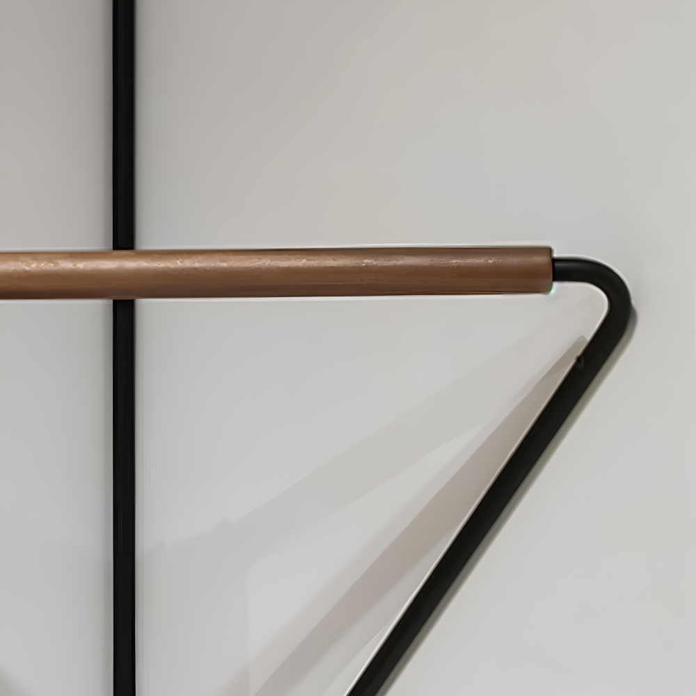 Metal coat rack with a brown bar on a white background