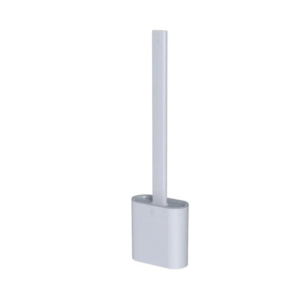 White toilet brush with holder on a white background